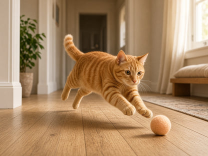 Indoor cat chasing a foam ball down the hall